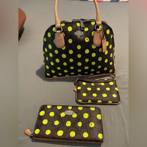 Coach Black and Yellow Polka Dot Satchel Set